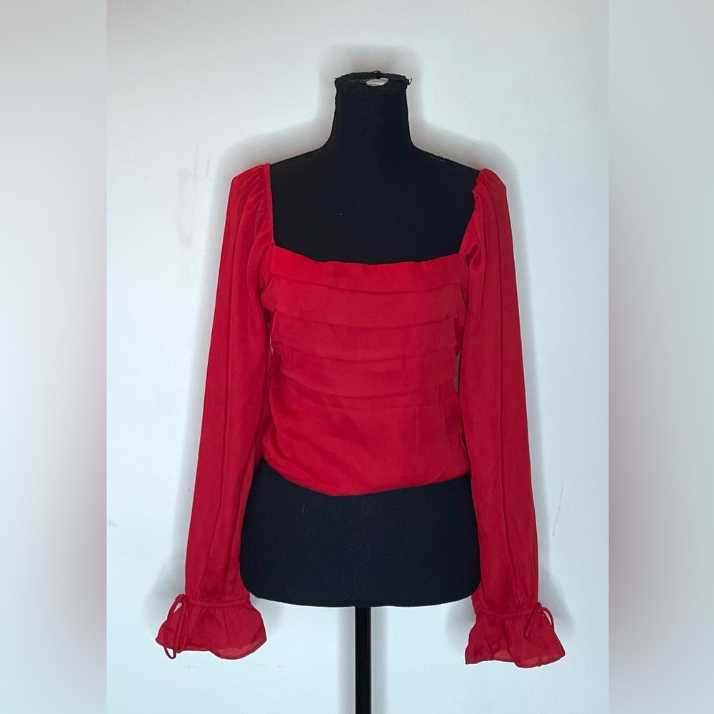miami- Red Square-Neck Pleated Peasant Blouse Size M - Picture 4 of 12
